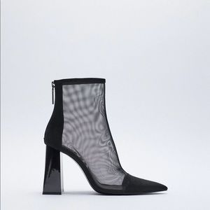 Zara Womens Black Mesh Wide Heel Ankle Boots NEW